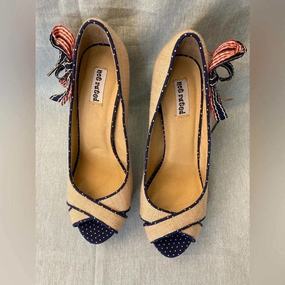 Not Rated Linen Red White and Blue Peep Toe Heels- Size 7.5